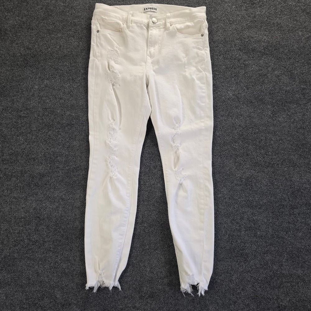Express Womens White Mid Rise Ankle Legging Distressed Ripped Jeans Size‎ 6